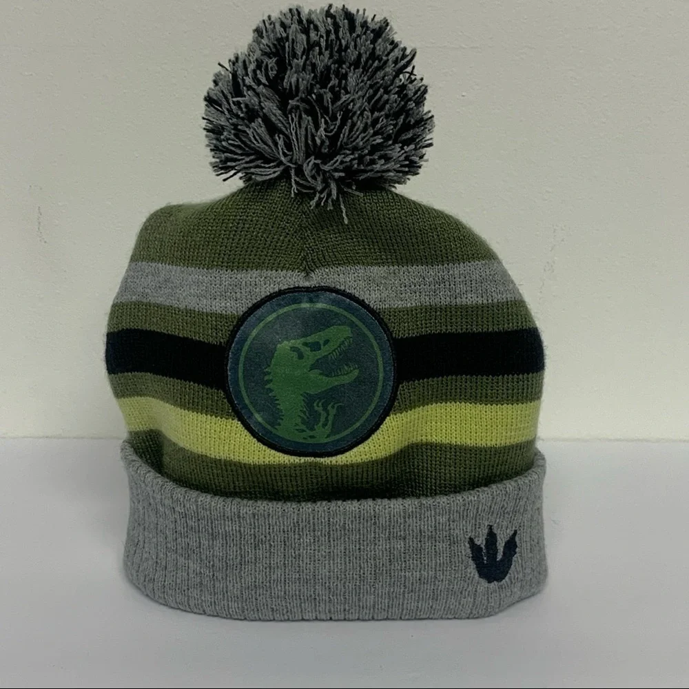 Jurassic World Kids Gray/Green Striped Hat with Pom Pom | One Size Fits Most